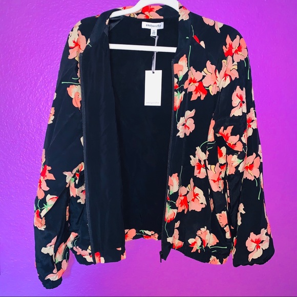 Silk Coral Red & Black Floral Bomber Jacket NWT 14 - Picture 6 of 8